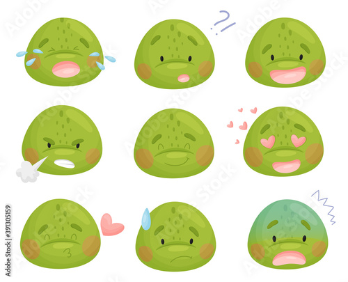Set of cute cartoon character. The turtle smiles, laughs, cute, wonders, is in love, cries, sobs, gets angry. Around the stars, circles, hearts. Isolated vector illustrations on white background.