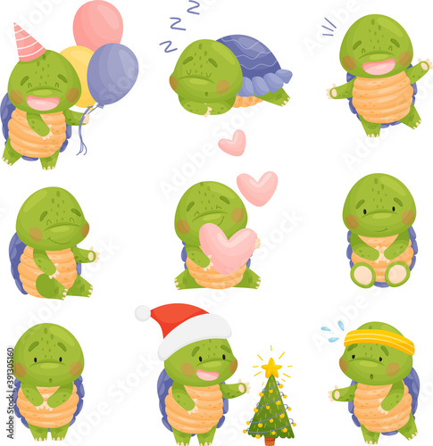 Cute character set. Turtle in a festive cap with balls, asleep, with hearts, near the Christmas tree, goes in for sports, has fun. Isolated vector illustrations on white background.