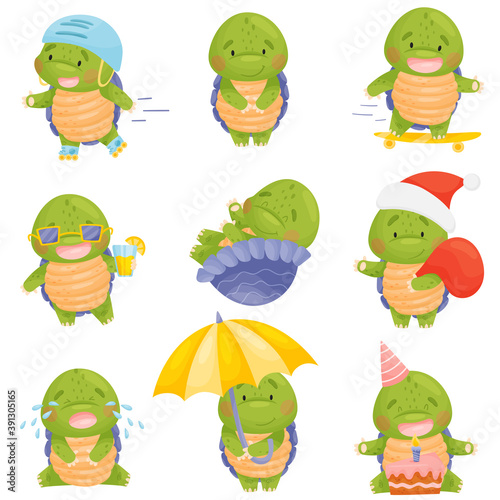 Cute character set. Turtle in a Christmas cap with a bag of gifts, a cake, a cocktail, in a helmet, on rollers and a skateboard, under an umbrella. Isolated vector illustrations on white background