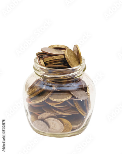 Transparent glass jar with coins isolated on a white background
