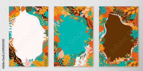 Set of vector cards with autumn leaves. Stylish postcards with place for text.