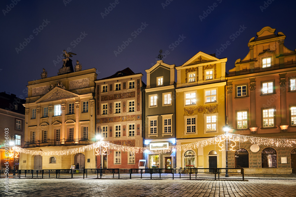 The Market Square with historic tenement houses andl and christmas decorations