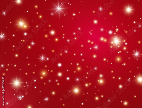 Red Christmas background with glowing lights. Merry Christmas card with sparkles and stars. Luxury traditional Holiday decoration. Glitter texture for party design. Starry banner. Vector illustration
