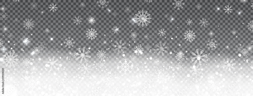 Winter celebration long banner. Realistic falling snowflakes on transparent background. Christmas design with snowflakes, snowdrifts, lights and stars. Magic snowfall texture. Vector illustration Winter celebration long banner. Realistic falling snowflakes on transparent background. Christmas design with snowflakes, snowdrifts, lights and stars. Magic snowfall texture. Vector illustration