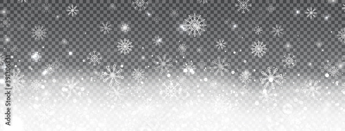 Winter celebration long banner. Realistic falling snowflakes on transparent background. Christmas design with snowflakes, snowdrifts, lights and stars. Magic snowfall texture. Vector illustration