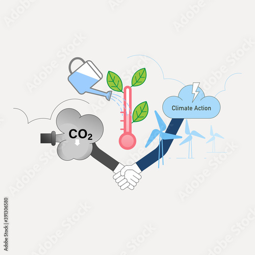 Participation in reducing CO2 emissions, supporting use of renewable energy and controlling global warming to achieve climate action. Vector illustration outline flat design style.