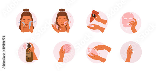 Beauty Girl Take Care of her Face and Use Cleansing Products for Skin. Facial Cleaning, Mask, Moisturizing and Make Up Removing Skincare Procedures. Flat Vector Illustration and Icons set.