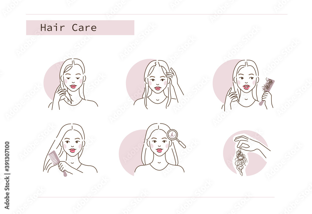 
Beauty Girl Worried about Problems with her Hairs and |Scalp. Woman has Alopecia, Split Damaged Hair. Hair Loss Concept. Flat Line Vector Illustration and Icons Set.