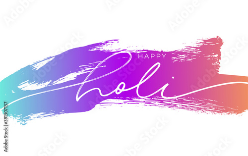 Happy Holi hand drawn vector lettering on colorful brush stroke. Line style modern calligraphy with swooshes. Spring festival of colors lettering design. Handwritten pen calligraphy of Happy Holi