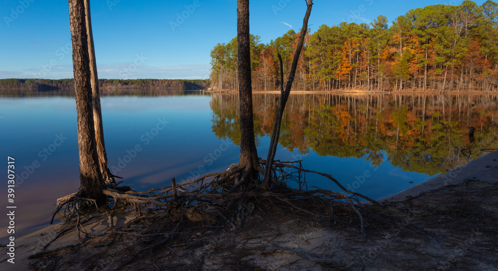 Autumn reflection on Jordan Lake