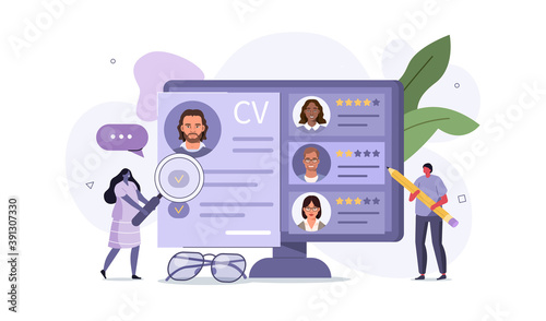 People Characters Choosing Best Candidate for Job. Hr Managers Searching New Employee. Recruitment Process. Human Resource Management and Hiring Concept. Flat Cartoon Vector Illustration.