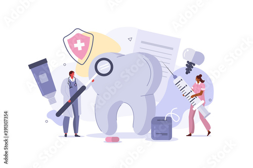 Doctor Dentist and Nurse works Together in Dental Clinic. Medical Staff at Stomatology Center Check up Patient's Teeth. Dentistry Examination Concept. Flat Cartoon Vector Illustration.