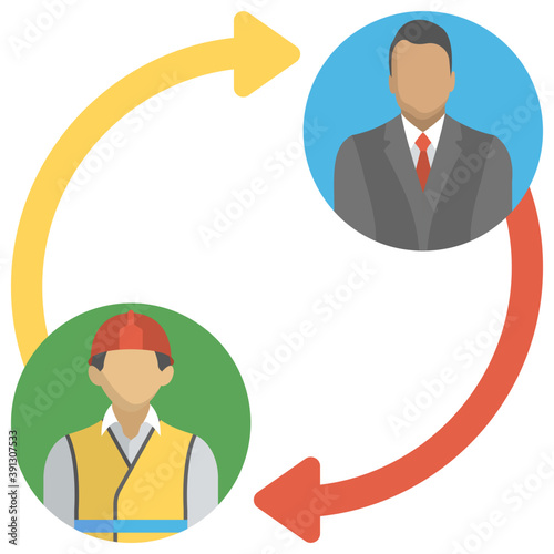 
A businessman and engineer with circular connecting arrows, staff connection, flat icon
