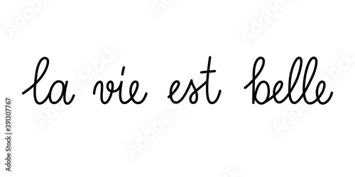 La vie est belle life is beautiful phrase handwritten by one line. Monoline vector text element isolated on white background. Simple inscription. 
