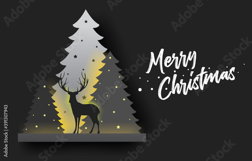 Christmas card paper art concept, reindeer on abstract background with christmas tree design for web banner, poster, advertising, christmas invitation card and happy new year