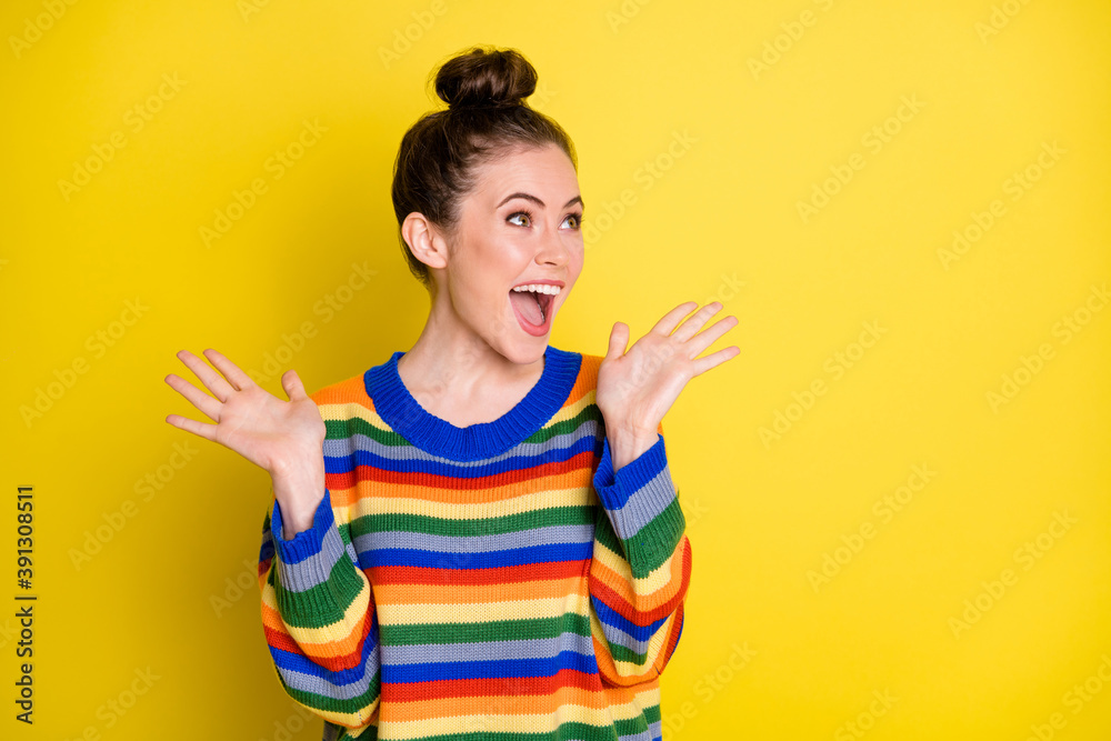 Photo of young positive girl amazed excited win victory shout scream yes isolated over yellow color background