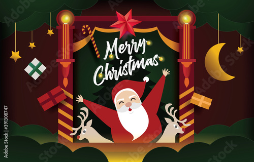 Christmas card paper art concept, Santa claus on night sky with gift, snow, star, and text Merry christmas design for web banner, poster, advertising, christmas invitation card and happy new year
