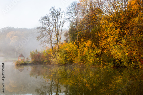 Beautiful landscape with lake and forest. Amazing nature wallpaper. Autumn trees in foggy morning. Romantic place. 