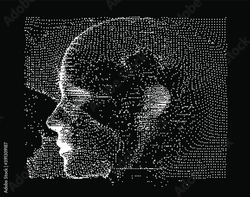 Silhouette of a human head made of dots and particles. Concept of Artificial intelligence and Neural Network.