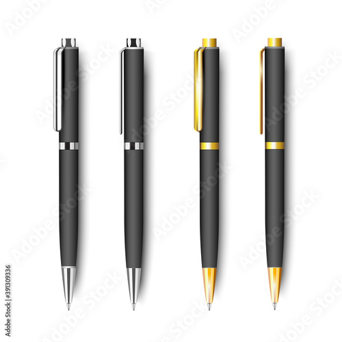 Set of black realistic pen isolated on white background