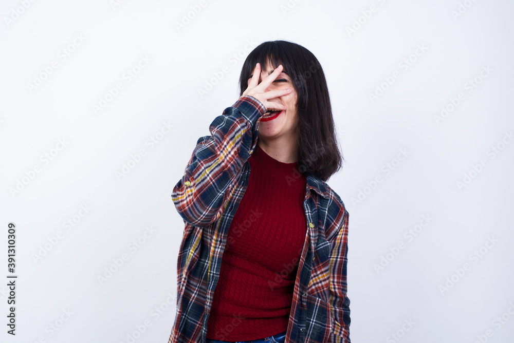 Charismatic carefree joyful Beautiful young Caucasian woman standing against white background likes laugh out loud not hiding emotions giggling hear funny hilarious joke chuckling facepalm. Charismatic carefree joyful Beautiful young Caucasian woman standing against white background likes laugh out loud not hiding emotions giggling hear funny hilarious joke chuckling facepalm.
