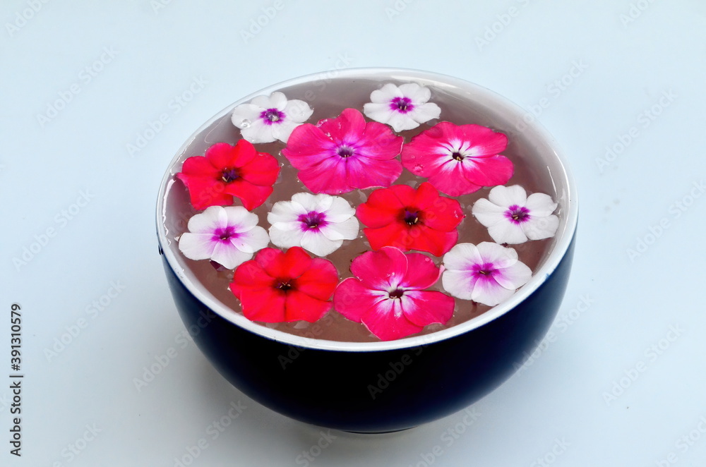 Different colored flower mandala on floating on water plate made of fresh flowers. Floral background with nature flowers. Flower mosaic Different colored flower mandala on floating on water plate made of fresh flowers. Floral background with nature flowers. Flower mosaic