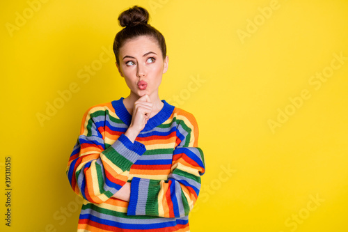 Wallpaper Mural Photo of young attractive woman think dream imagine hand touch chin look empty space isolated over yellow color background Torontodigital.ca