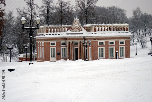 Architecture of Tsaritsyno park in Moscow. Winter view.