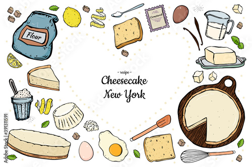 Illustration heart shaped set cheesecake and ingredients for cooking pie. Place for text. Doodle style.