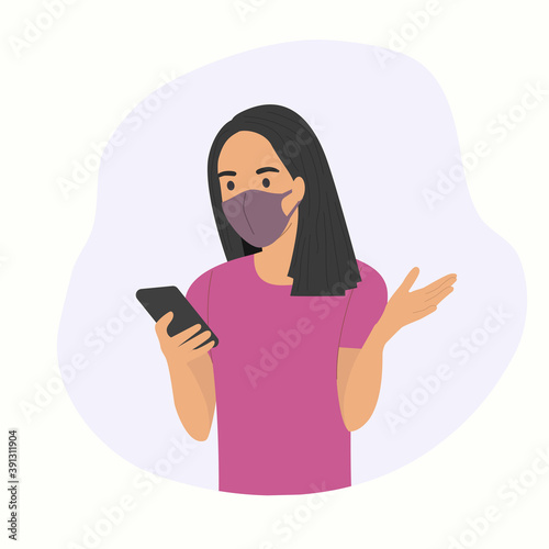 Young woman in mask looks into the smartphone.Vector flat style  illustration