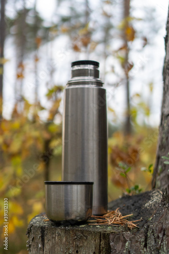 Thermos in the woods on a stump