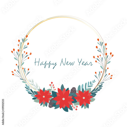 Vector winter round frame wreath with the wish of a happy new year. With leaves, sea buckthorn, fir branches, pine cones and a Christmas star. Illustration of template for printing, greeting card.
