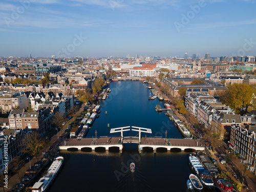 Photography Amsterdam, The Netherlands, 7th November 2020 Aerial view of the Magere Brug Ams