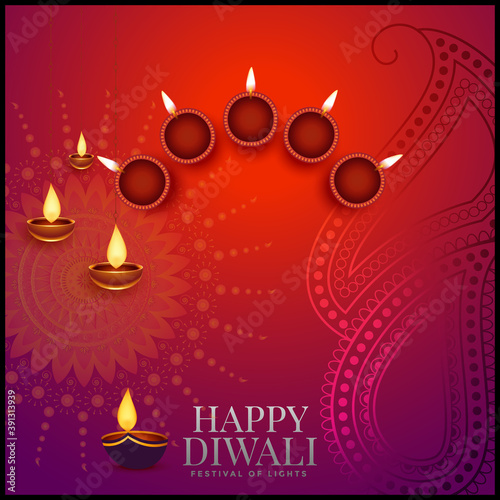Happy Diwali greeting card with realistic Diwali design.
