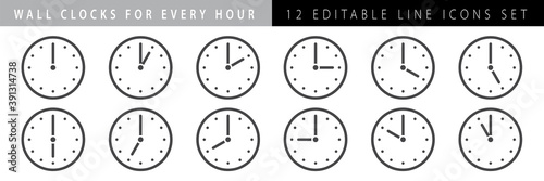 horizontal set of analog clock icon notifying each hour isolated on white,vector illustration