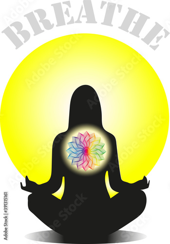 Girl silhouette sitting in the Lotus position, Padmasana. The concept of yoga, relaxation, meditation, pranayama, breathing. Simple vector illustration