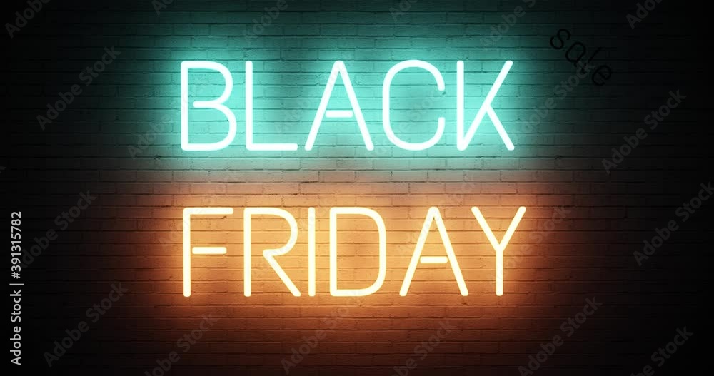 Black Friday sale text colorful neon graphic animation on wall background. Neon bright glowing sign. Sales promotional concept. Flash sale neon sign banner for promo video. Shopping sales season Black Friday sale text colorful neon graphic animation on wall background. Neon bright glowing sign. Sales promotional concept. Flash sale neon sign banner for promo video. Shopping sales season