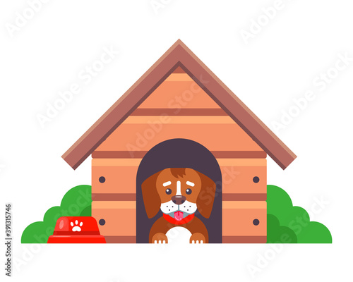 a dog in a booth guards a farm outside the city. flat vector character illustration
