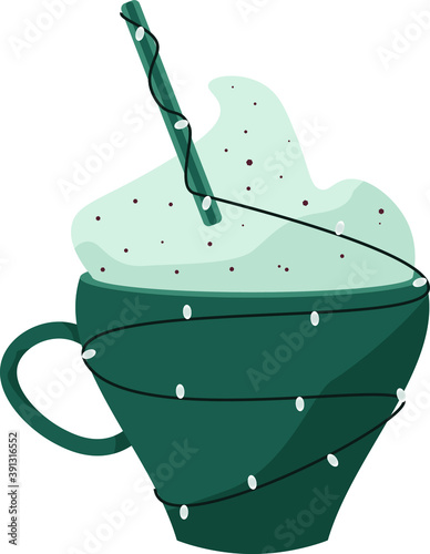 Cup of hot drink with foam and festive New Year Christmas garlands 