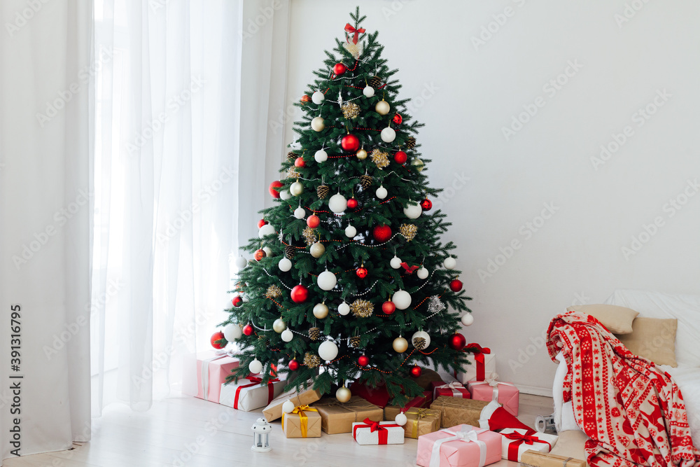 New Year's background Christmas tree with gifts interer decor