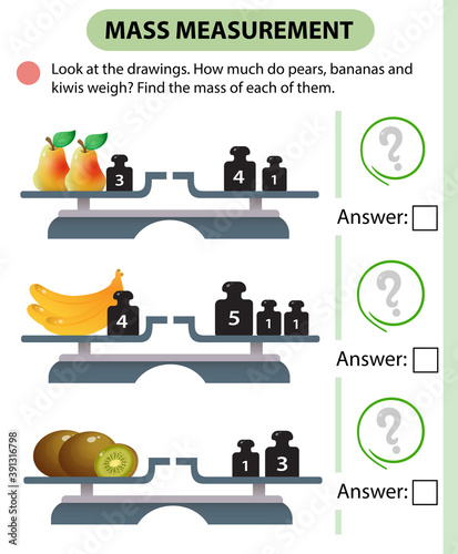 Math game, education game for children. Mass measurement. Scales. How much do pears, bananas and kiwis weight? Logic puzzle for kids. Worksheet vector design