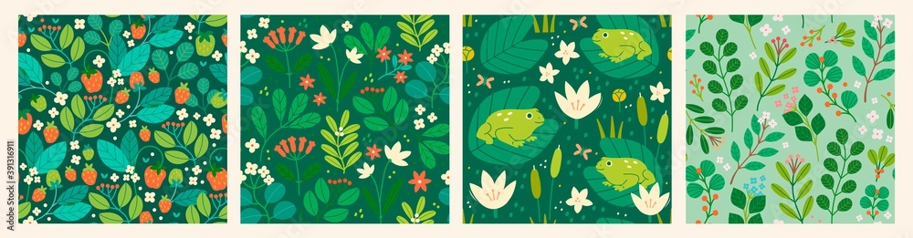 Various Branches, Flowers, Leaves, Frogs, Water Lillies. Hand drawn Vector illustrations. Design for fabric, textile, wrapping paper. Set of four Colorful Seamless Patterns, Wallpapers, Backgrounds