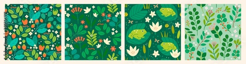 Various Branches  Flowers  Leaves  Frogs  Water Lillies. Hand drawn Vector illustrations. Design for fabric  textile  wrapping paper. Set of four Colorful Seamless Patterns  Wallpapers  Backgrounds