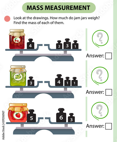 Math game, education game for children. Mass measurement. Scales. How much do jam jars weight? Solve the examples. Logic puzzle for kids. Worksheet vector design