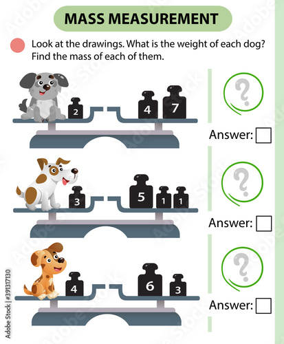 Math game, education game for children. Mass measurement. Scales. Solve the examples. Logic puzzle for kids. Worksheet vector design for preschoolers and schoolers.