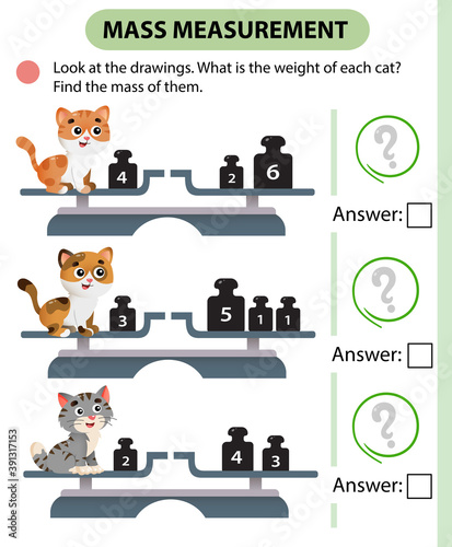 Math game, education game for children. Mass measurement. Scales. Solve the examples. Logic puzzle for kids. Worksheet vector design for preschoolers and schoolers.
