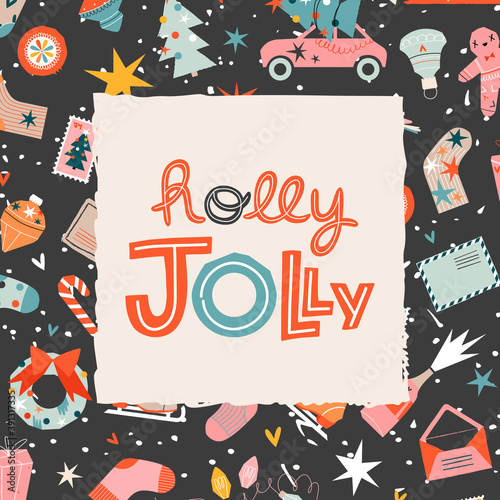 Wallpaper Mural Holly Jolly black Christmas trendy greeting card template. Festive Christmas lettering and cute illustrated elements around. Greeting card, invitation design. Winter holiday concept.  Torontodigital.ca