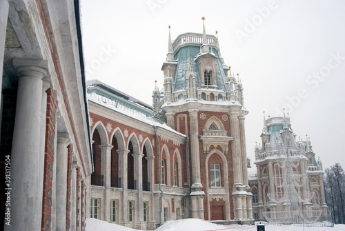 View of the Grand Palace in Tsaritsyno park in Moscow. Popular landmark. 