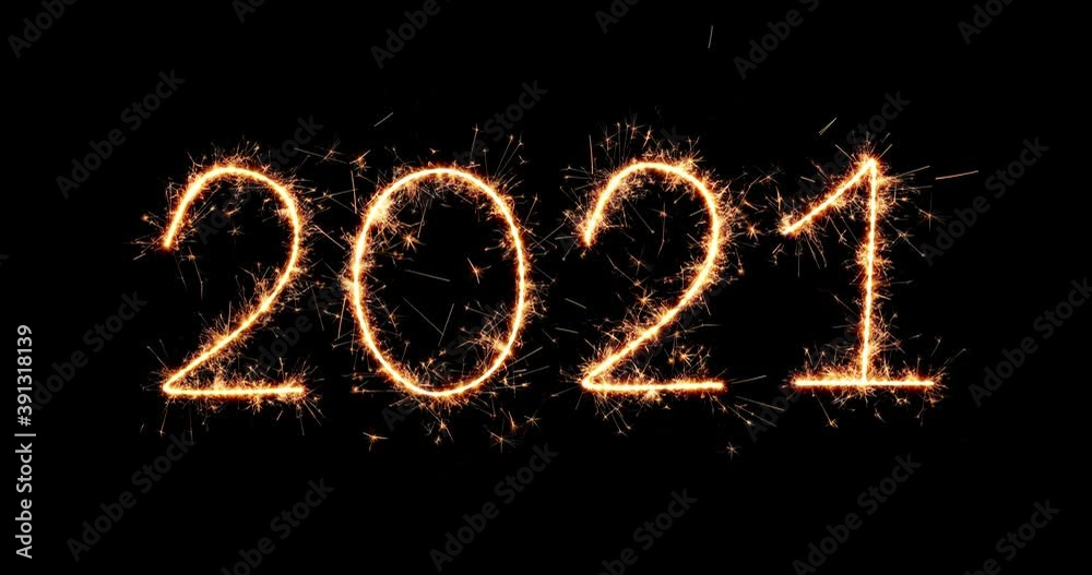 2021 sparkling numbers on black background. Flicker light. 4K graphic animation. Golden color bright animation numerals of the New Year glowing. Holiday neon banner. New year's sign