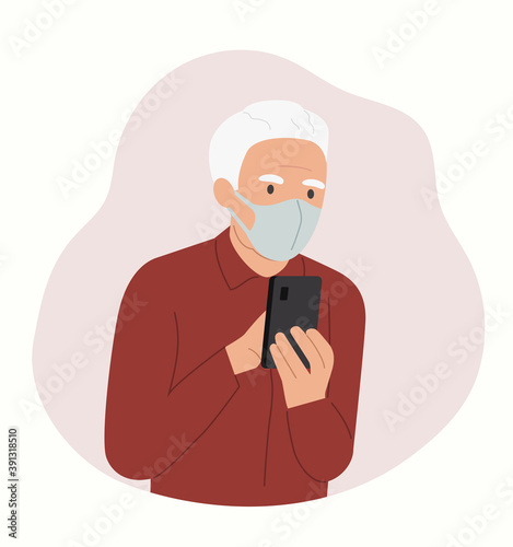 Elderly man  in mask looks into the smartphone.Vector flat style  illustration